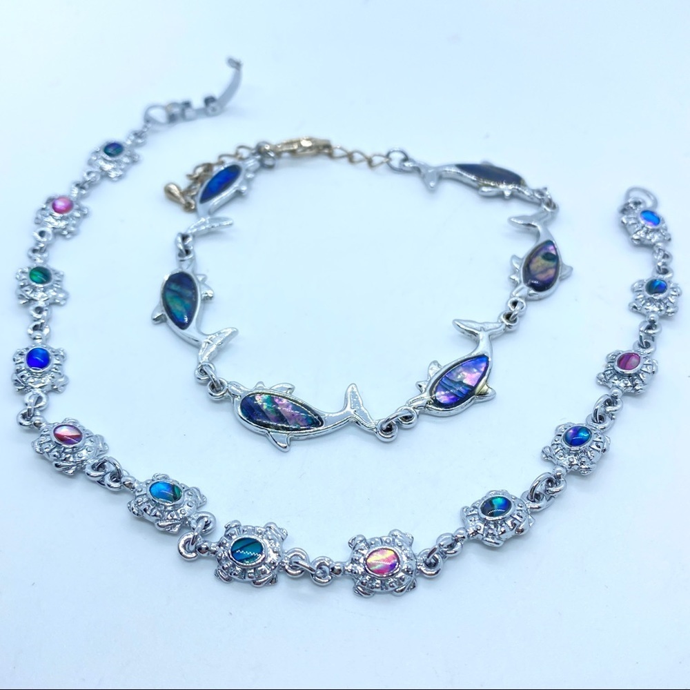 Abalone Dolphin Bracelet & Turtle Anklet Souvenir Silver Tine